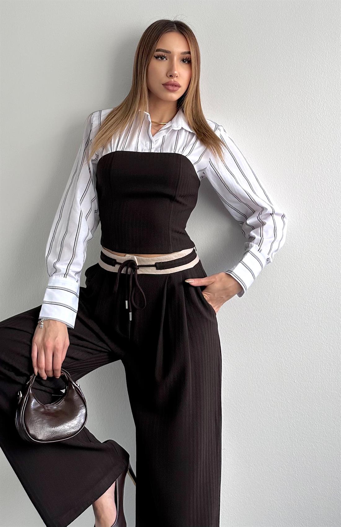 Gömlek Detaylı Bluz KAHVERENGİ