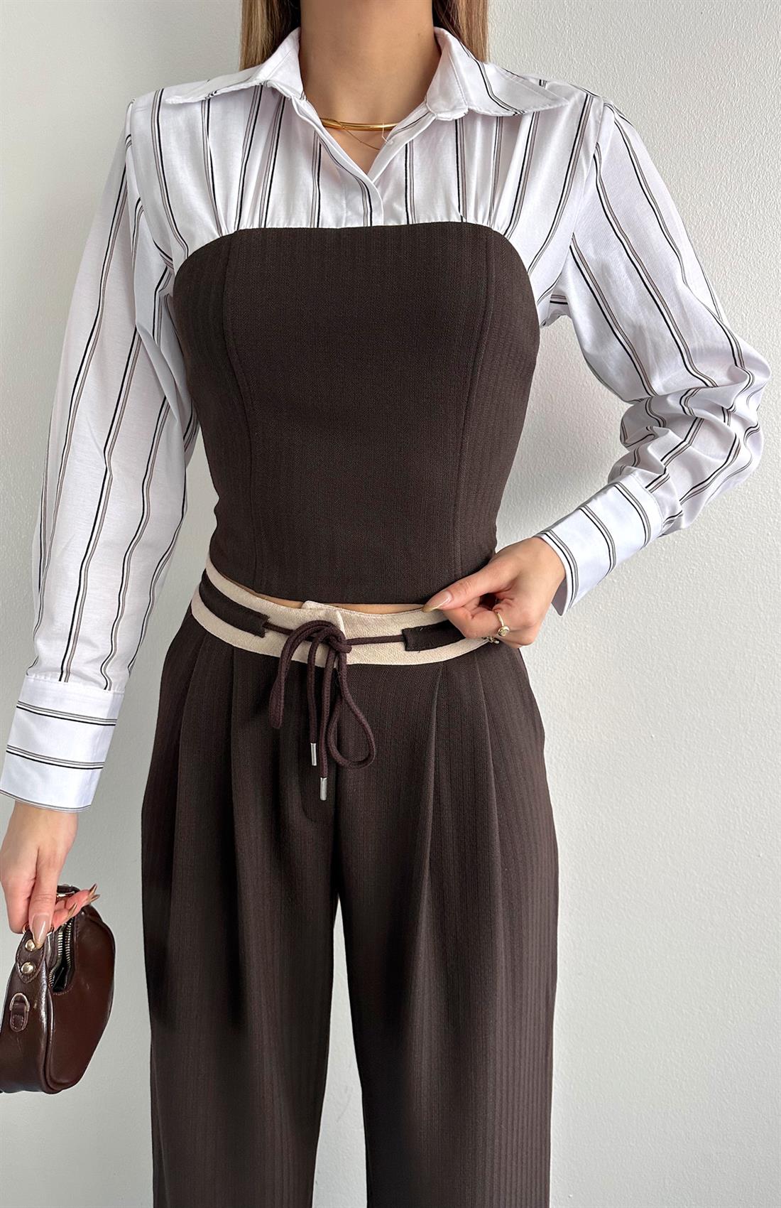 Gömlek Detaylı Bluz KAHVERENGİ