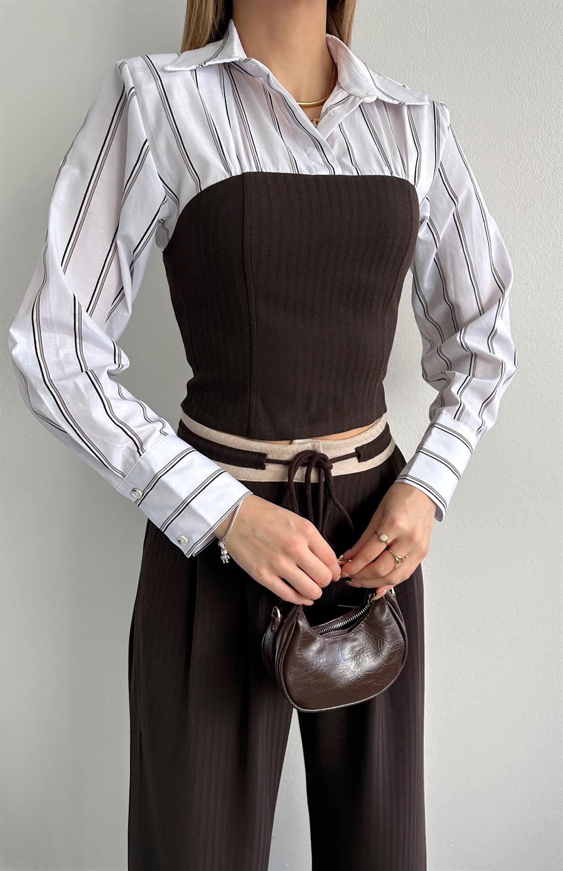 Gömlek Detaylı Bluz KAHVERENGİ