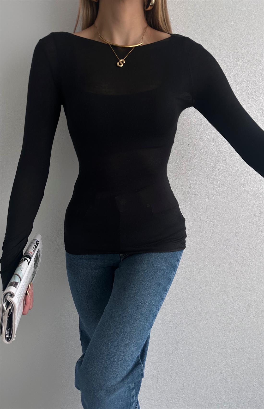 Kayık Yaka Modal Kaşmir Ultra Hafif Bluz SİYAH