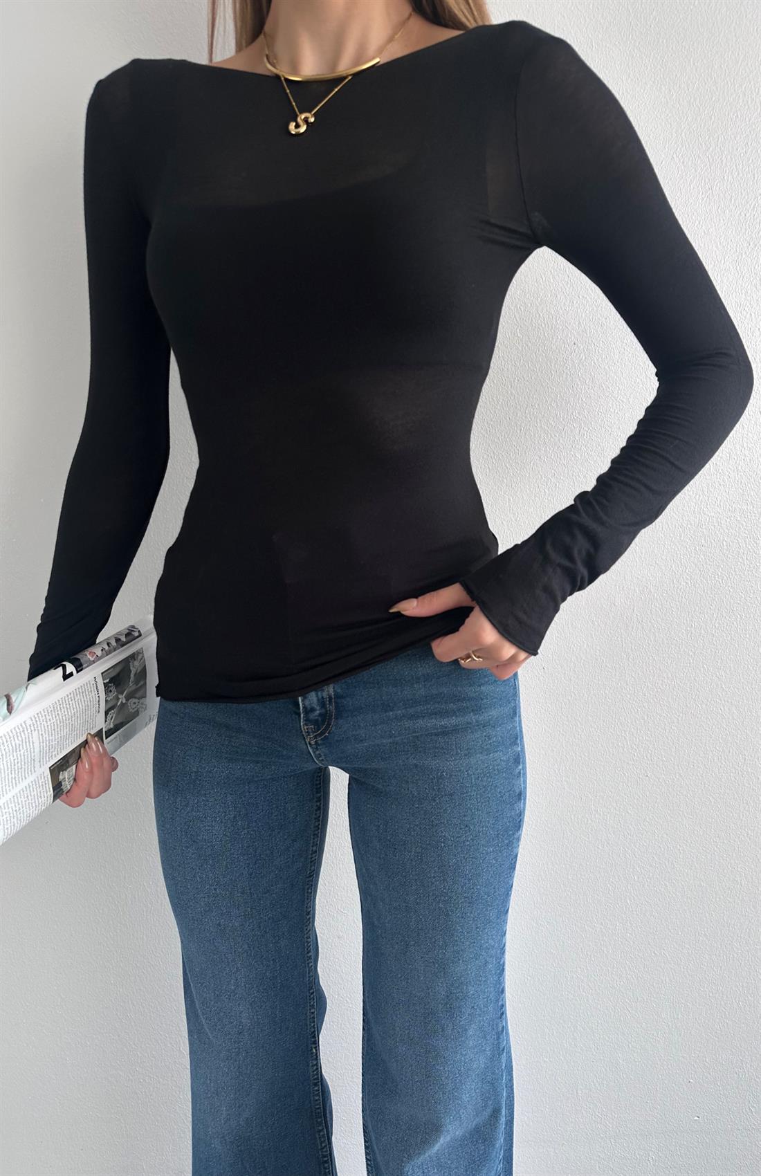 Kayık Yaka Modal Kaşmir Ultra Hafif Bluz SİYAH