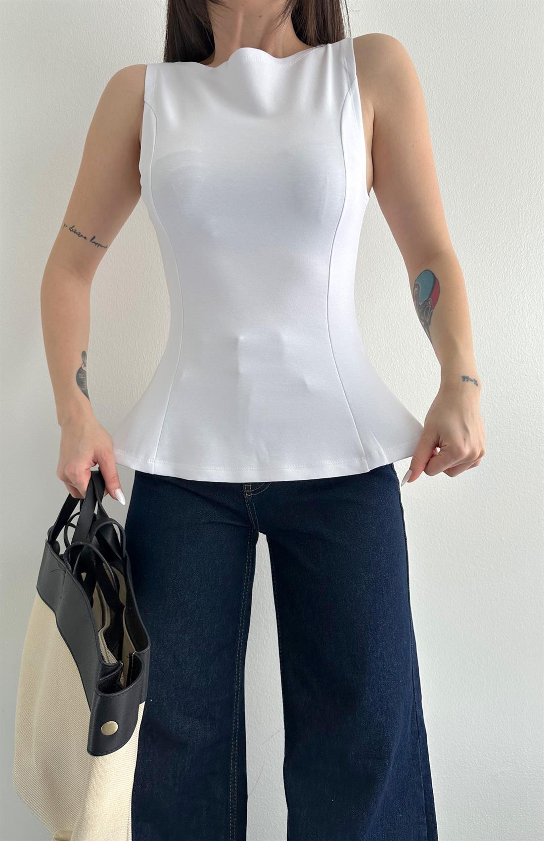 Kayık Yaka Peplum Bluz BEYAZ