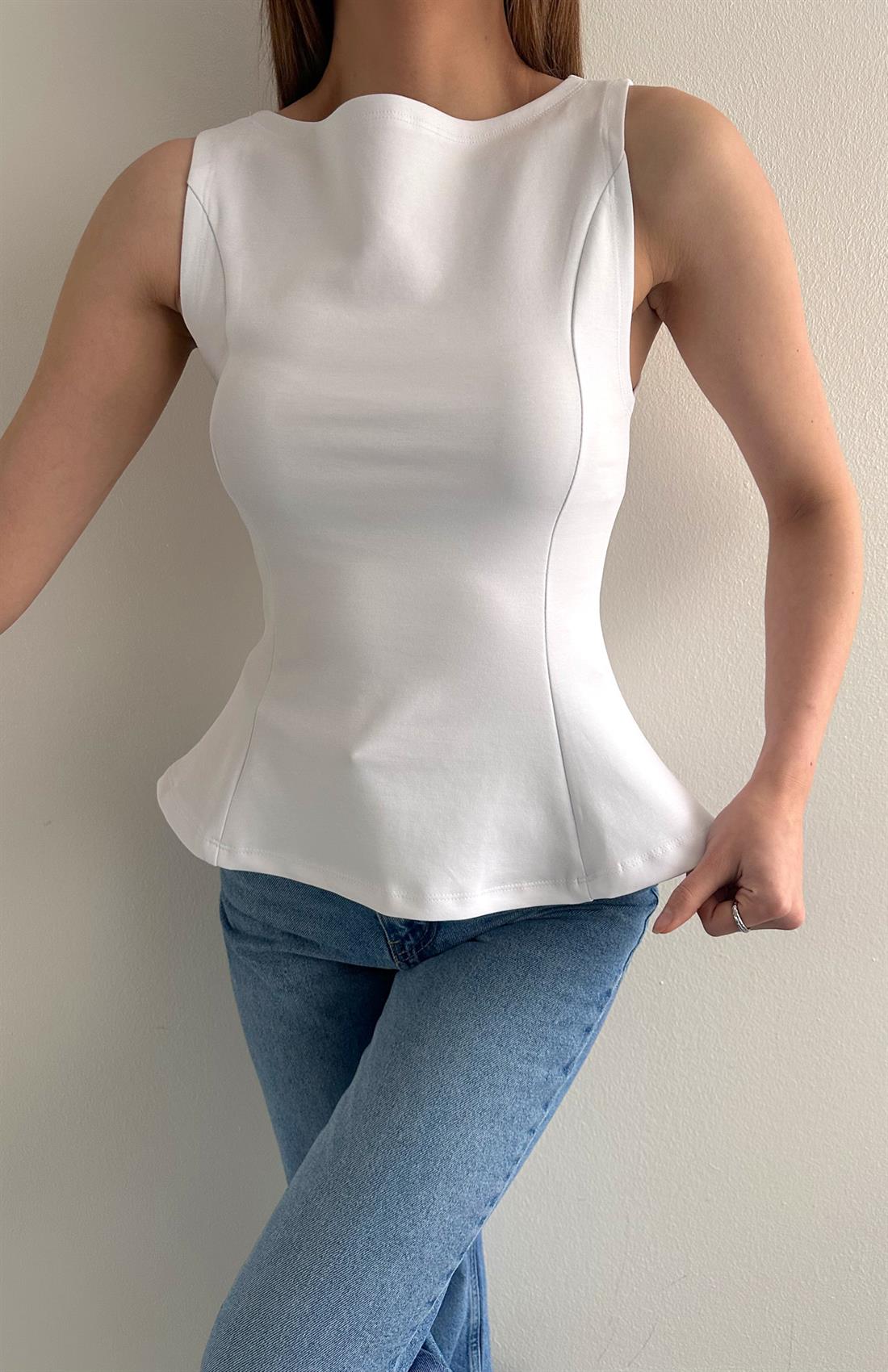 Kayık Yaka Peplum Bluz BEYAZ