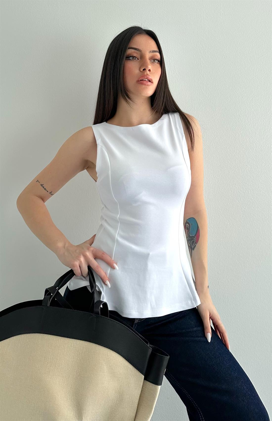 Kayık Yaka Peplum Bluz BEYAZ