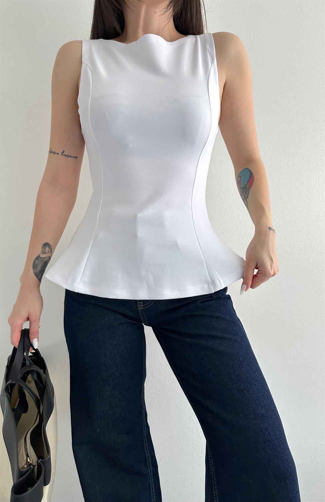 Kayık Yaka Peplum Bluz BEYAZ