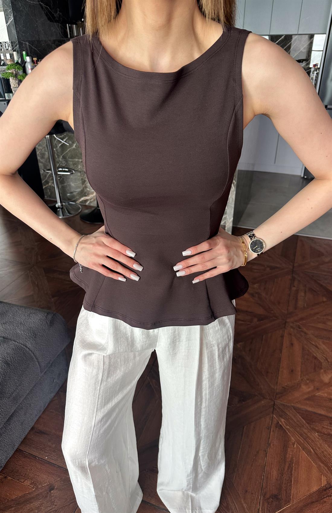 Kayık Yaka Peplum Bluz KOYU KAHVE