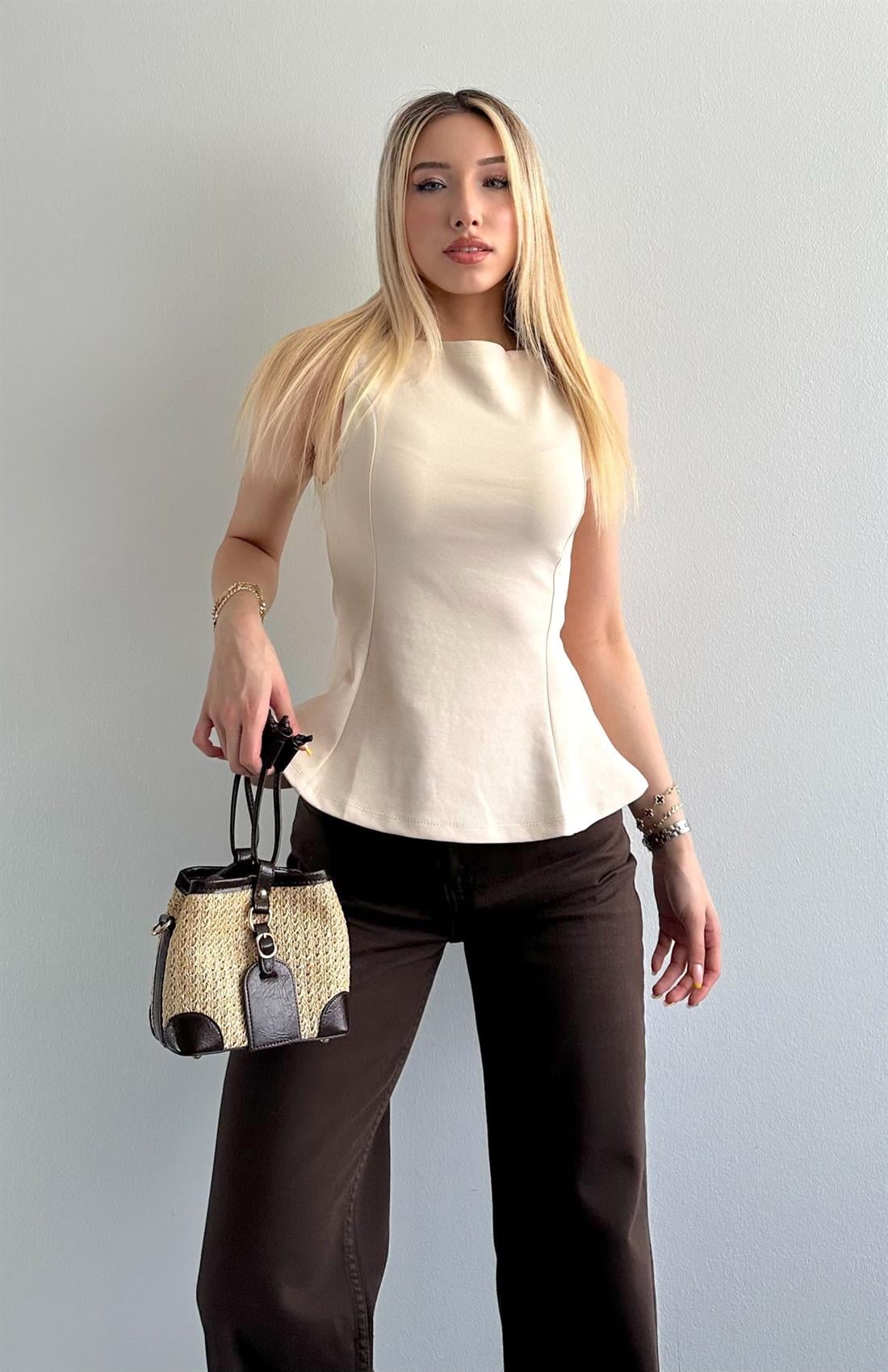 Kayık Yaka Peplum Bluz TAŞ