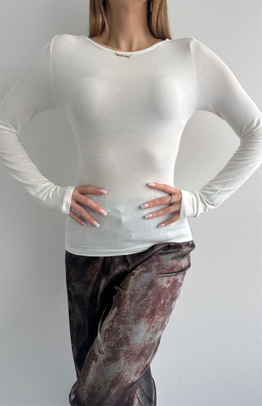 Kayık Yaka Uzun Kollu Bluz EKRU