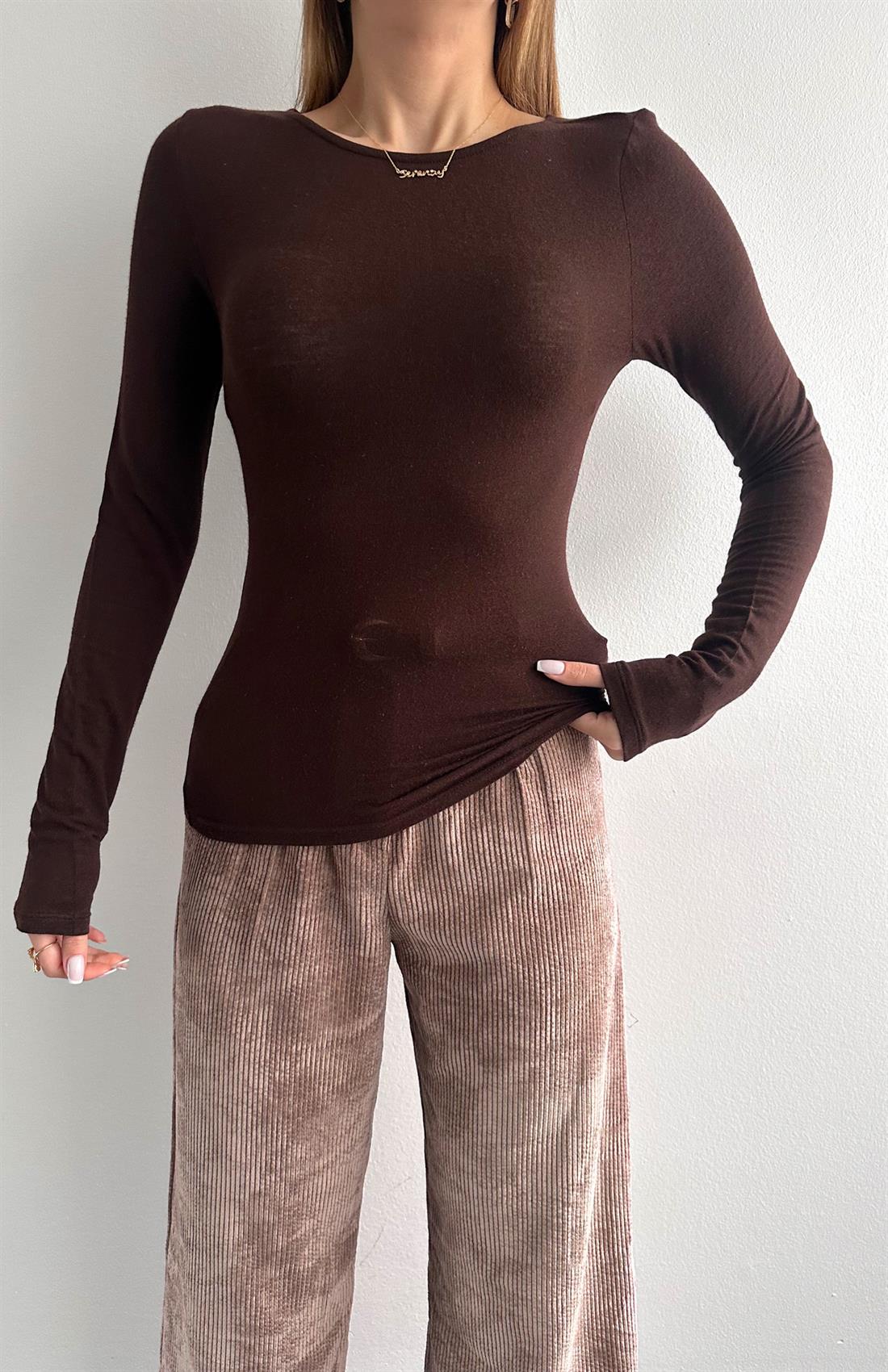 Kayık Yaka Uzun Kollu Bluz KOYU KAHVE