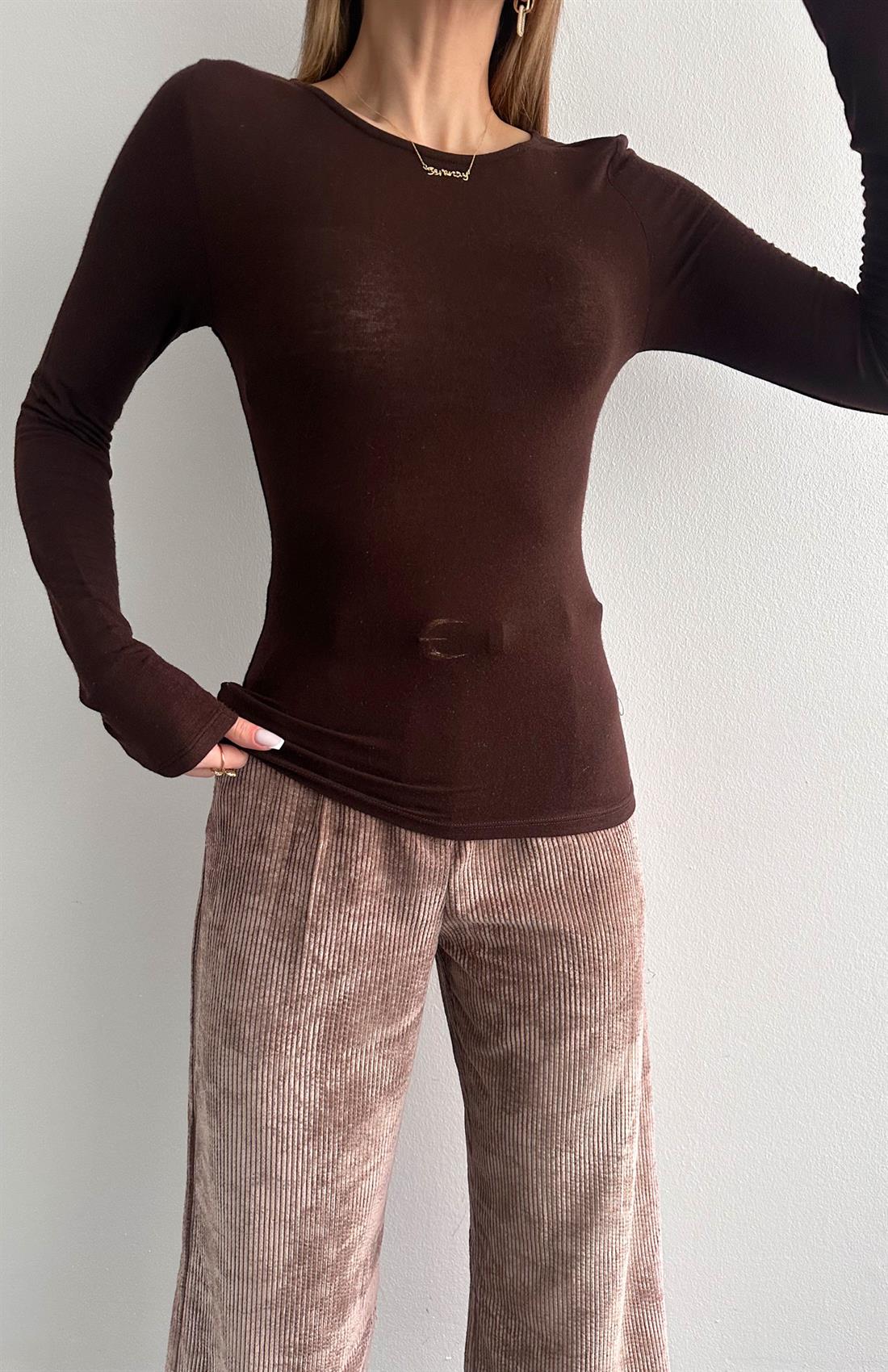 Kayık Yaka Uzun Kollu Bluz KOYU KAHVE