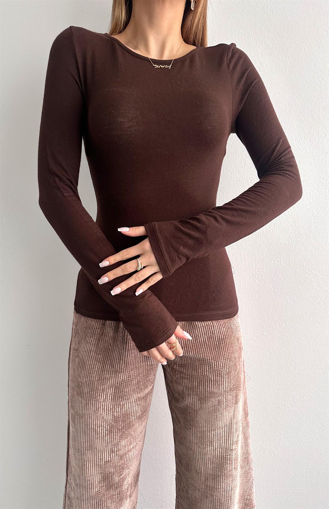 Kayık Yaka Uzun Kollu Bluz KOYU KAHVE