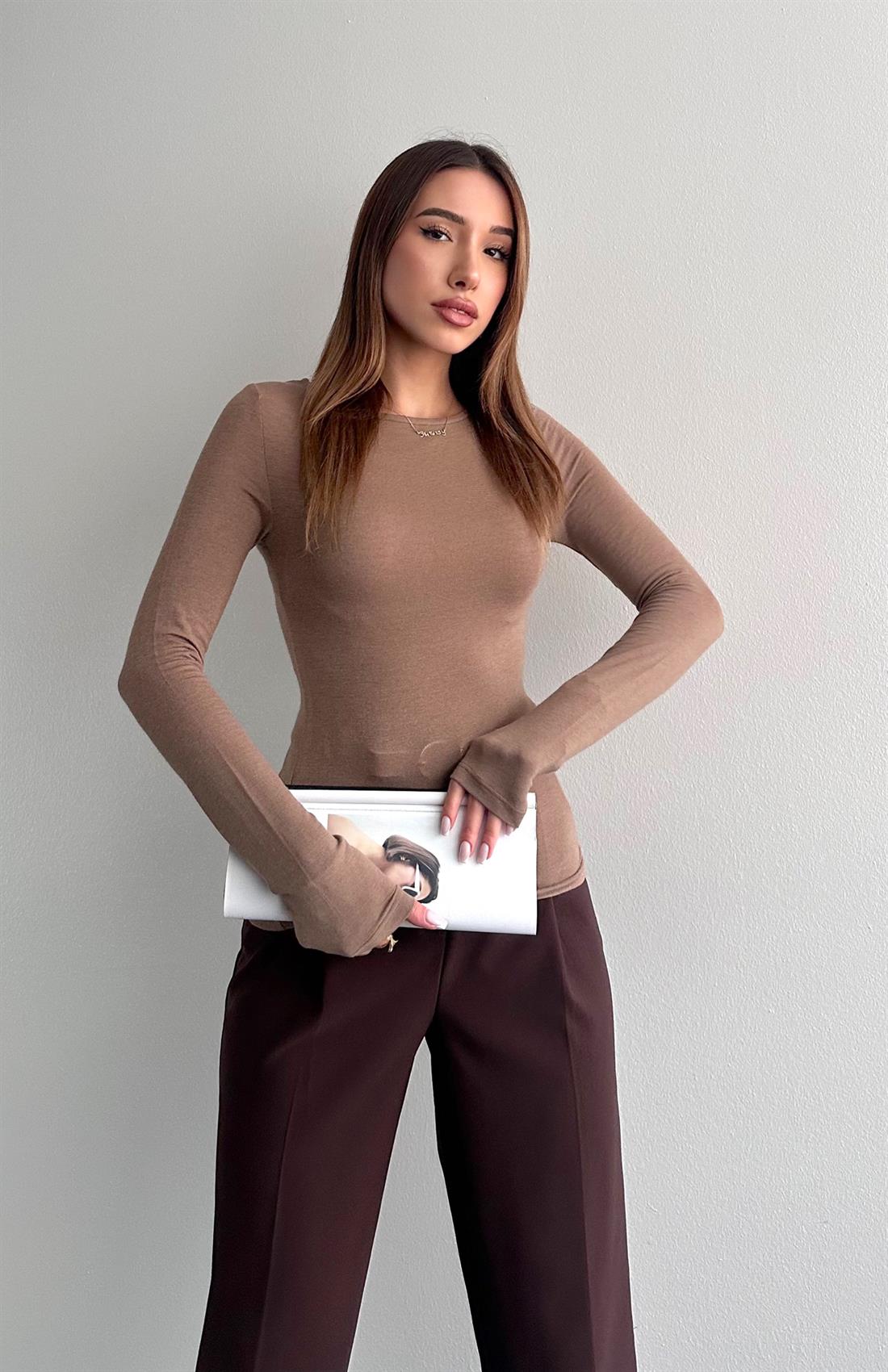 Kayık Yaka Uzun Kollu Bluz VİZON