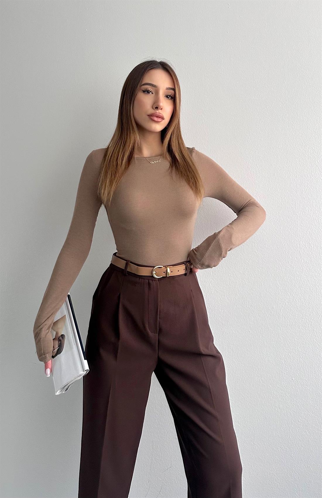 Kayık Yaka Uzun Kollu Bluz VİZON