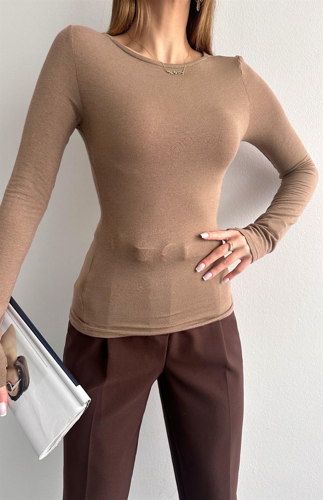 Kayık Yaka Uzun Kollu Bluz VİZON