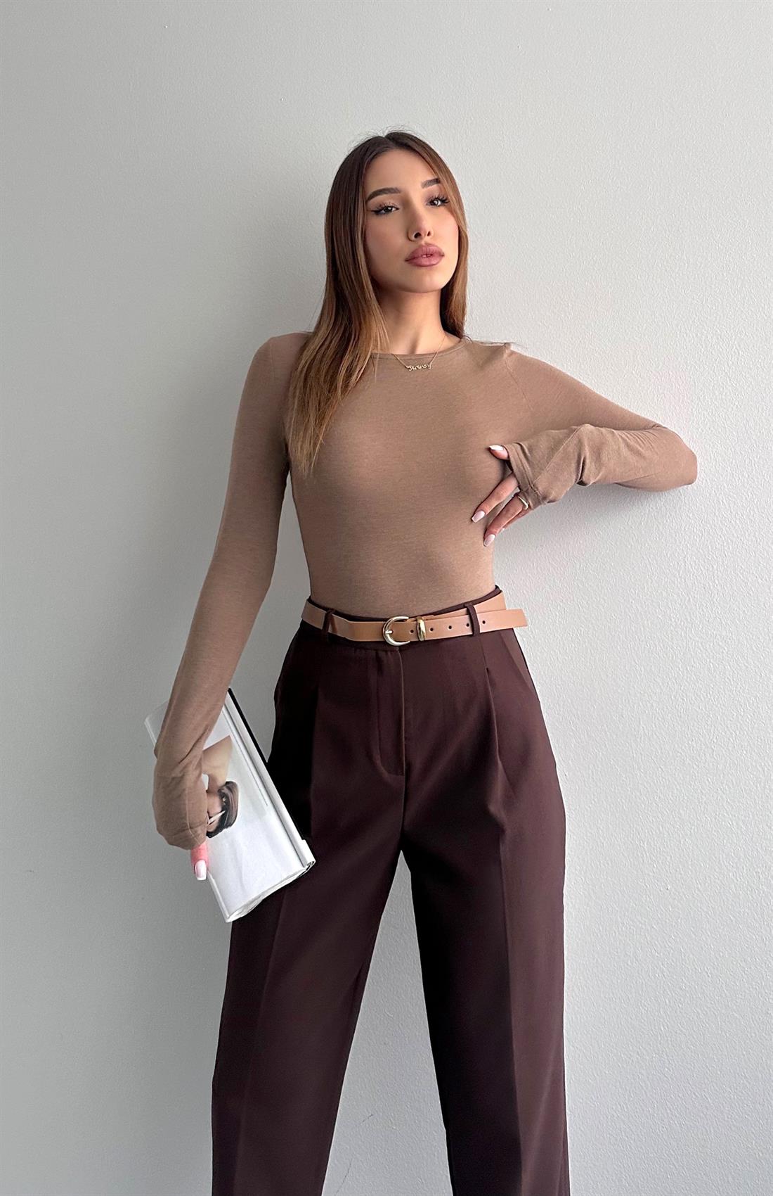 Kayık Yaka Uzun Kollu Bluz VİZON