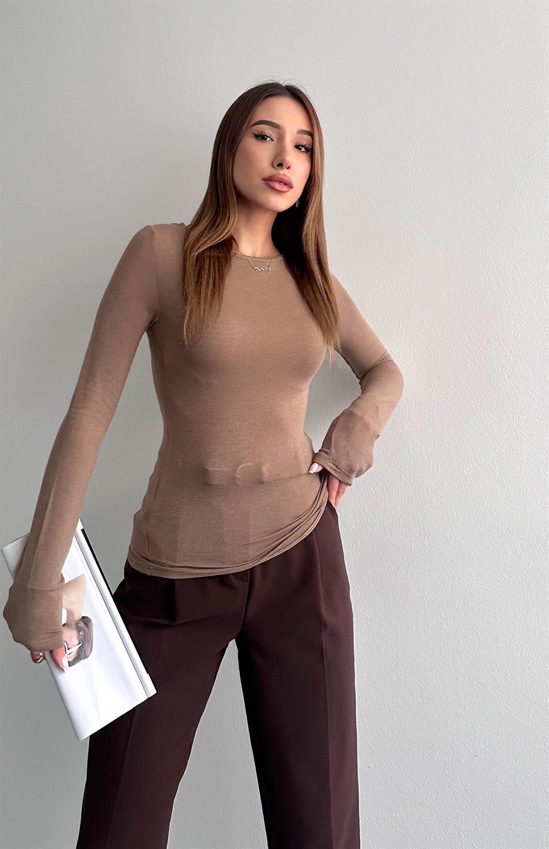 Kayık Yaka Uzun Kollu Bluz VİZON