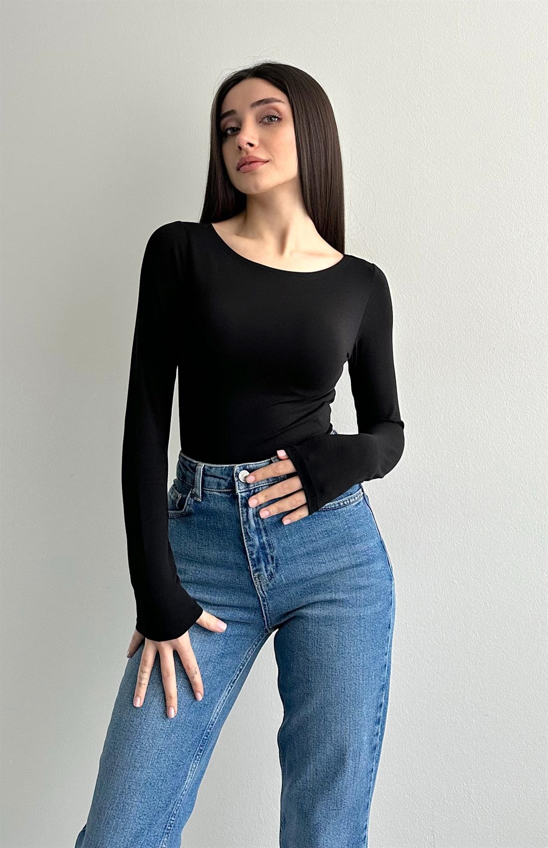 Kayık Yaka Zıbınlı Bluz SİYAH
