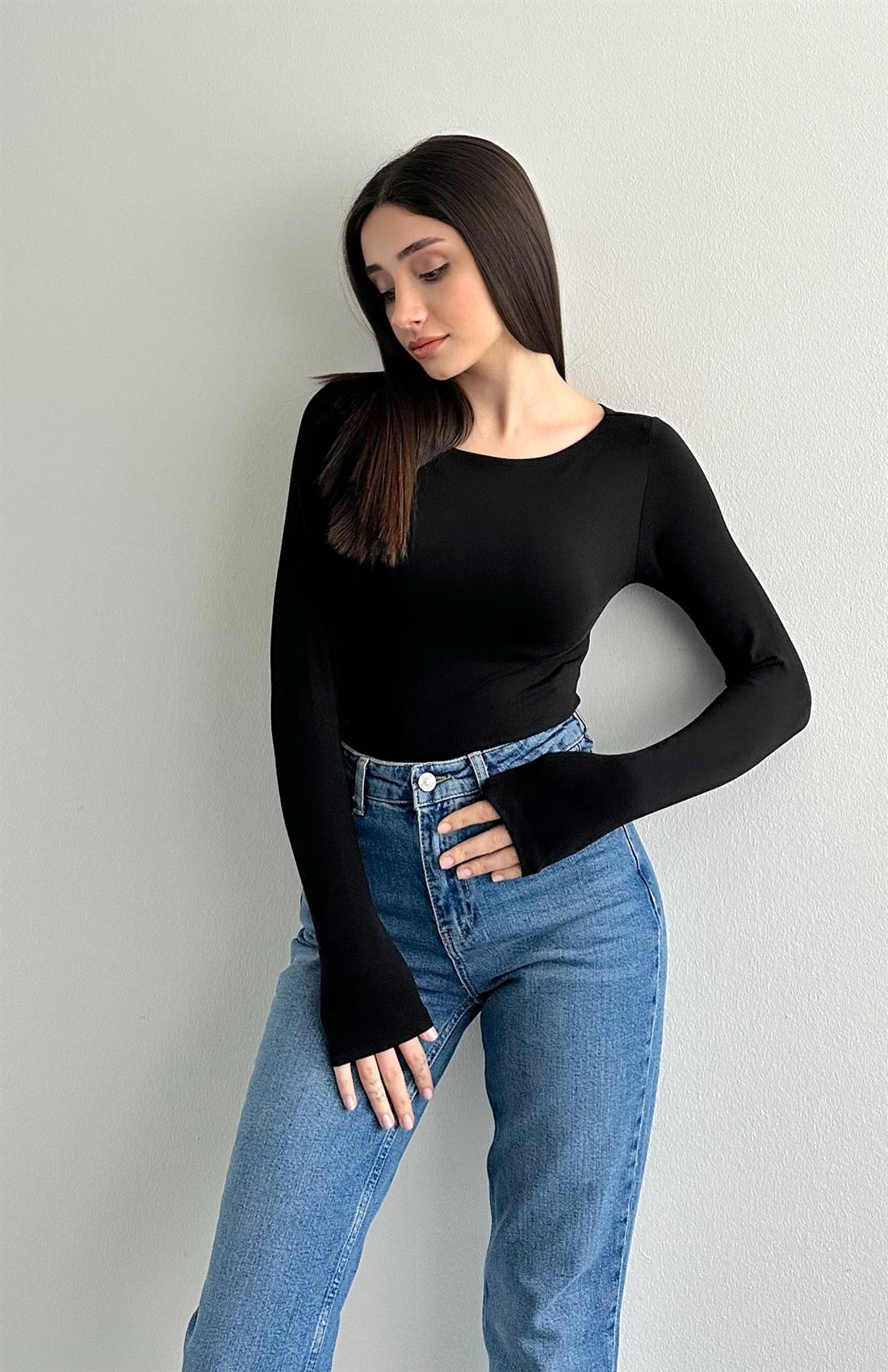 Kayık Yaka Zıbınlı Bluz SİYAH