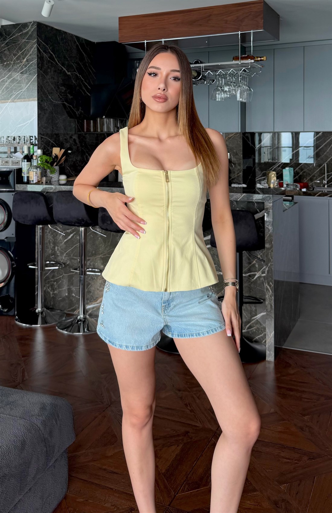 Metel Fermuarlı Bluz SARI