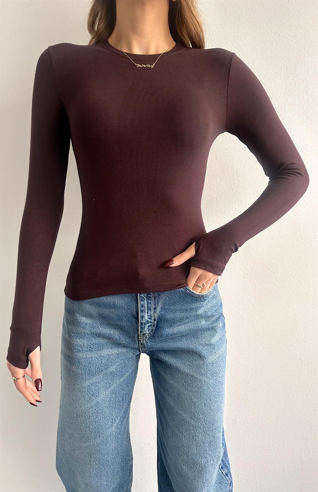 Parmak Geçirmeli Bluz KAHVERENGİ