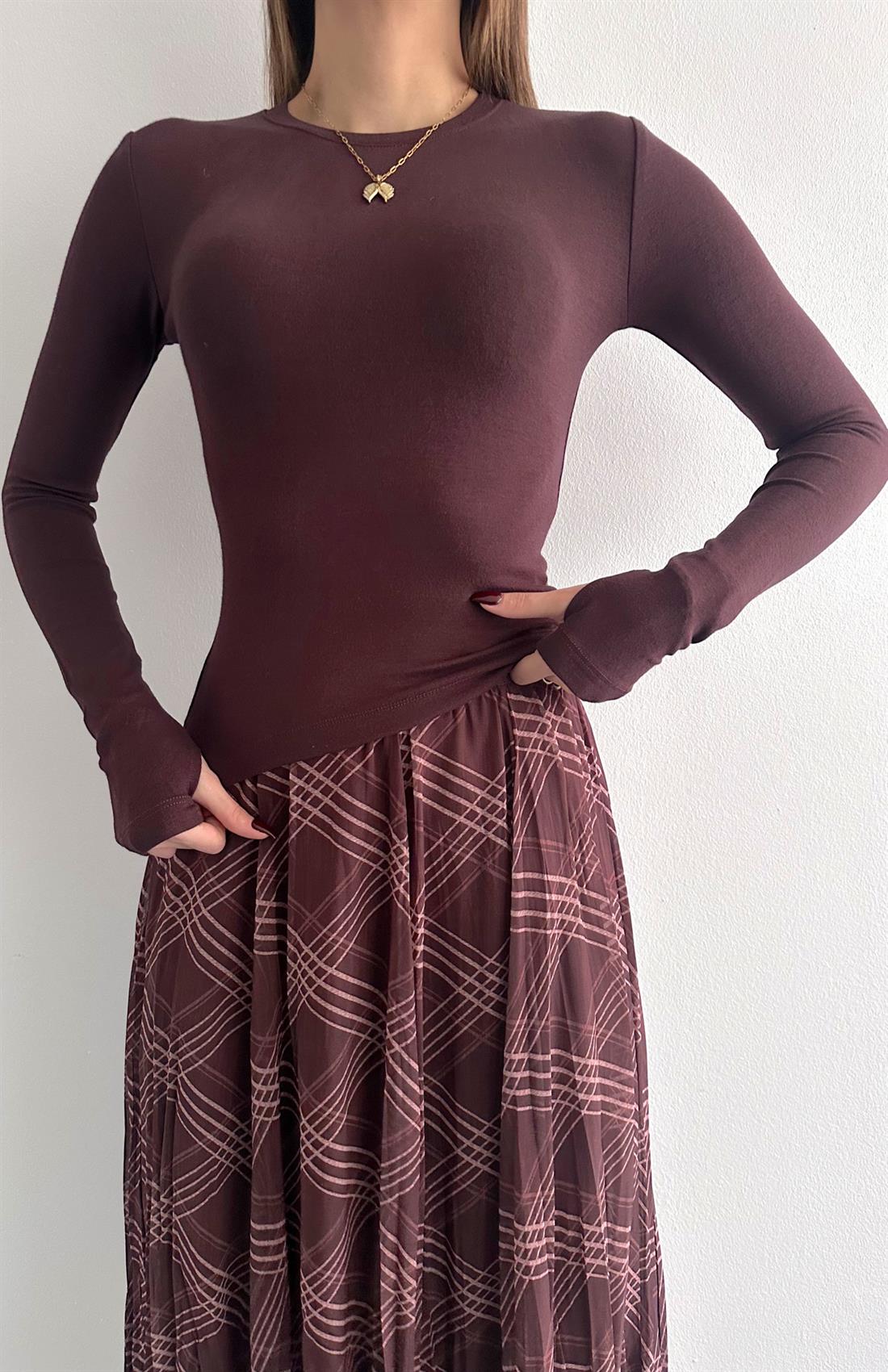 Parmak Geçmeli Bluz KAHVERENGİ