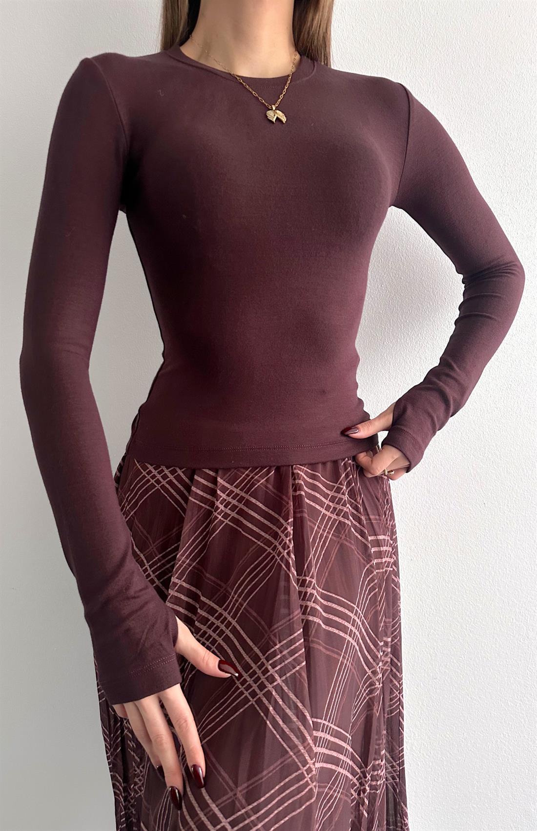 Parmak Geçmeli Bluz KAHVERENGİ