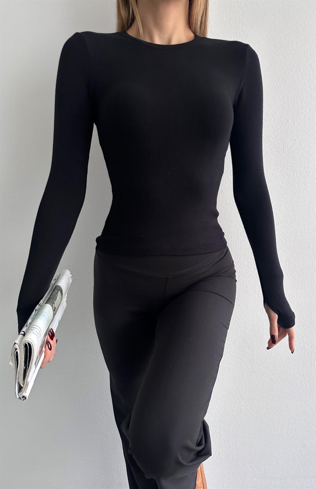 Parmak Geçmeli Bluz SİYAH