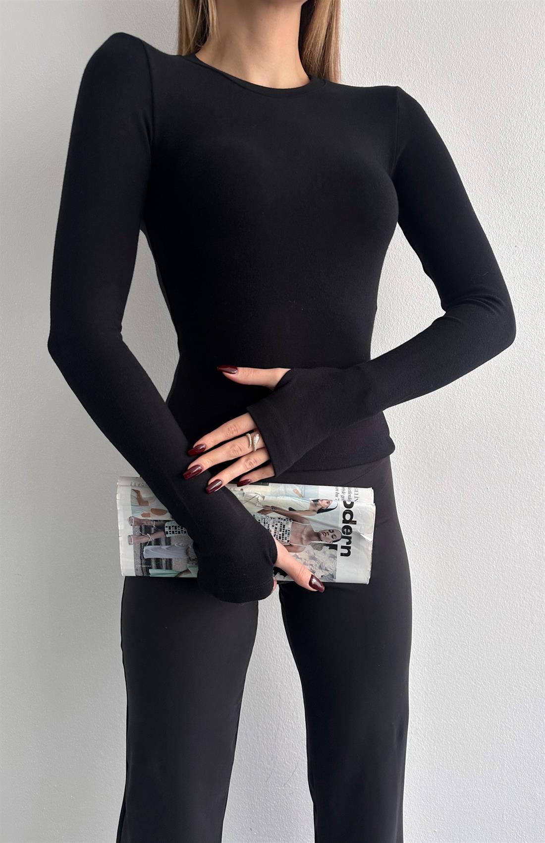 Parmak Geçmeli Bluz SİYAH