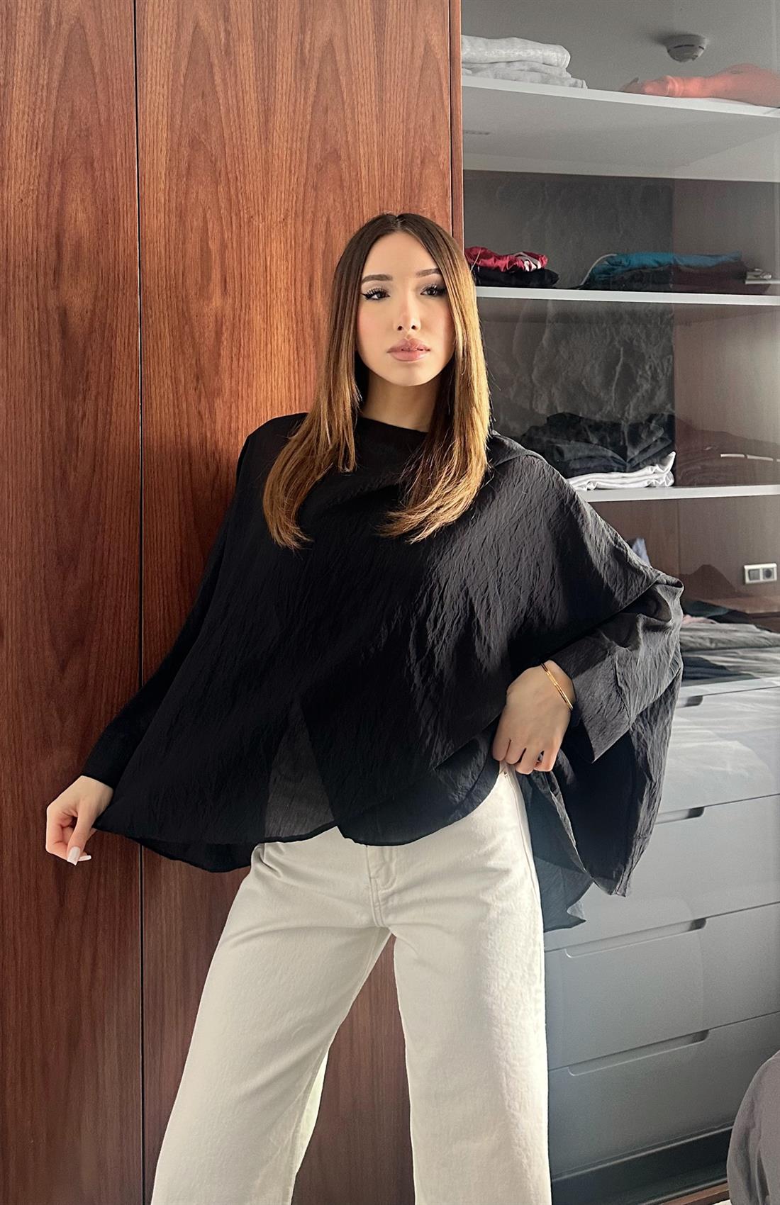 Şal Detaylı Bluz SİYAH