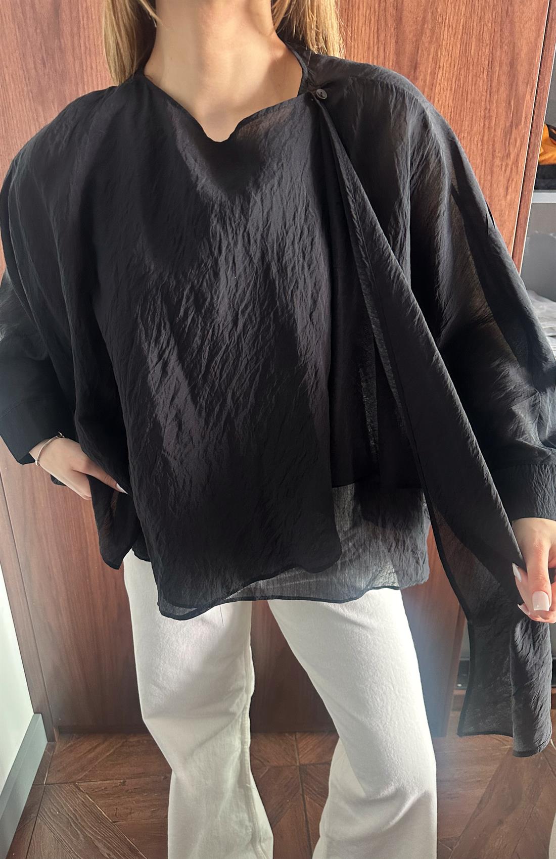 Şal Detaylı Bluz SİYAH