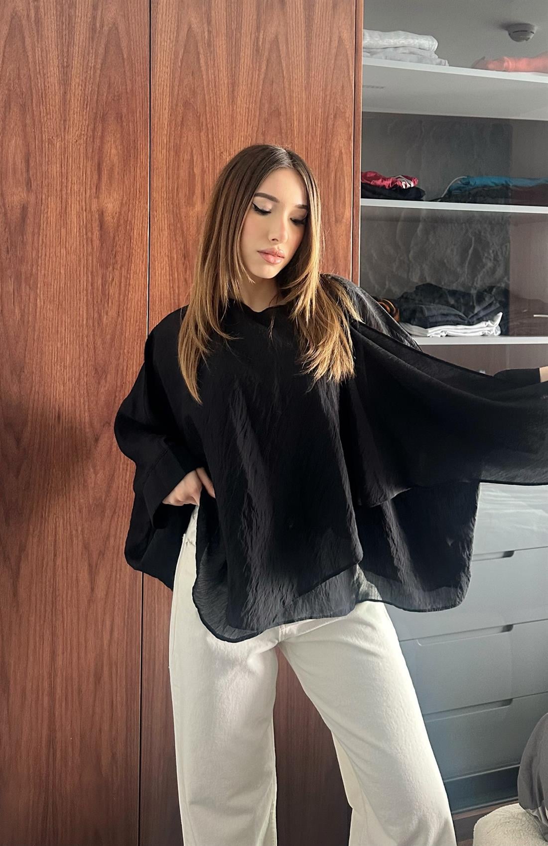 Şal Detaylı Bluz SİYAH