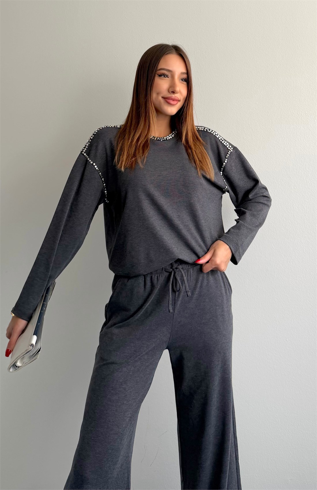 Taşlı Örme Bluz SİYAH