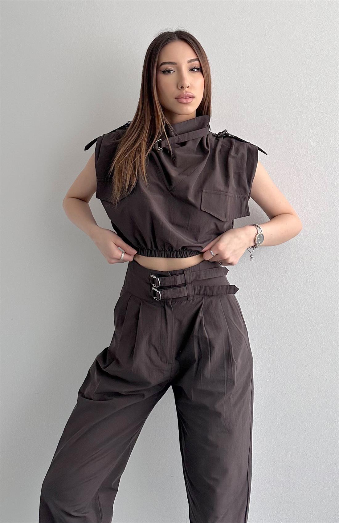 Toka Detaylı Crop Bluz KAHVERENGİ