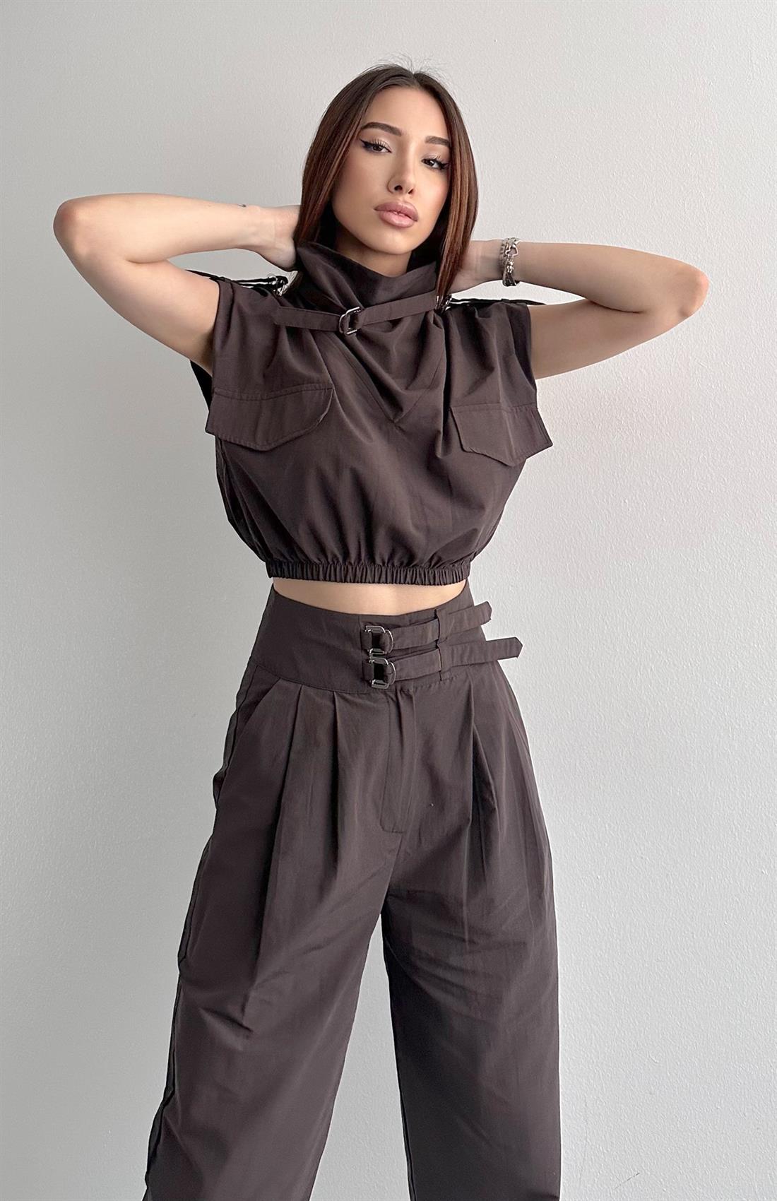 Toka Detaylı Crop Bluz KAHVERENGİ