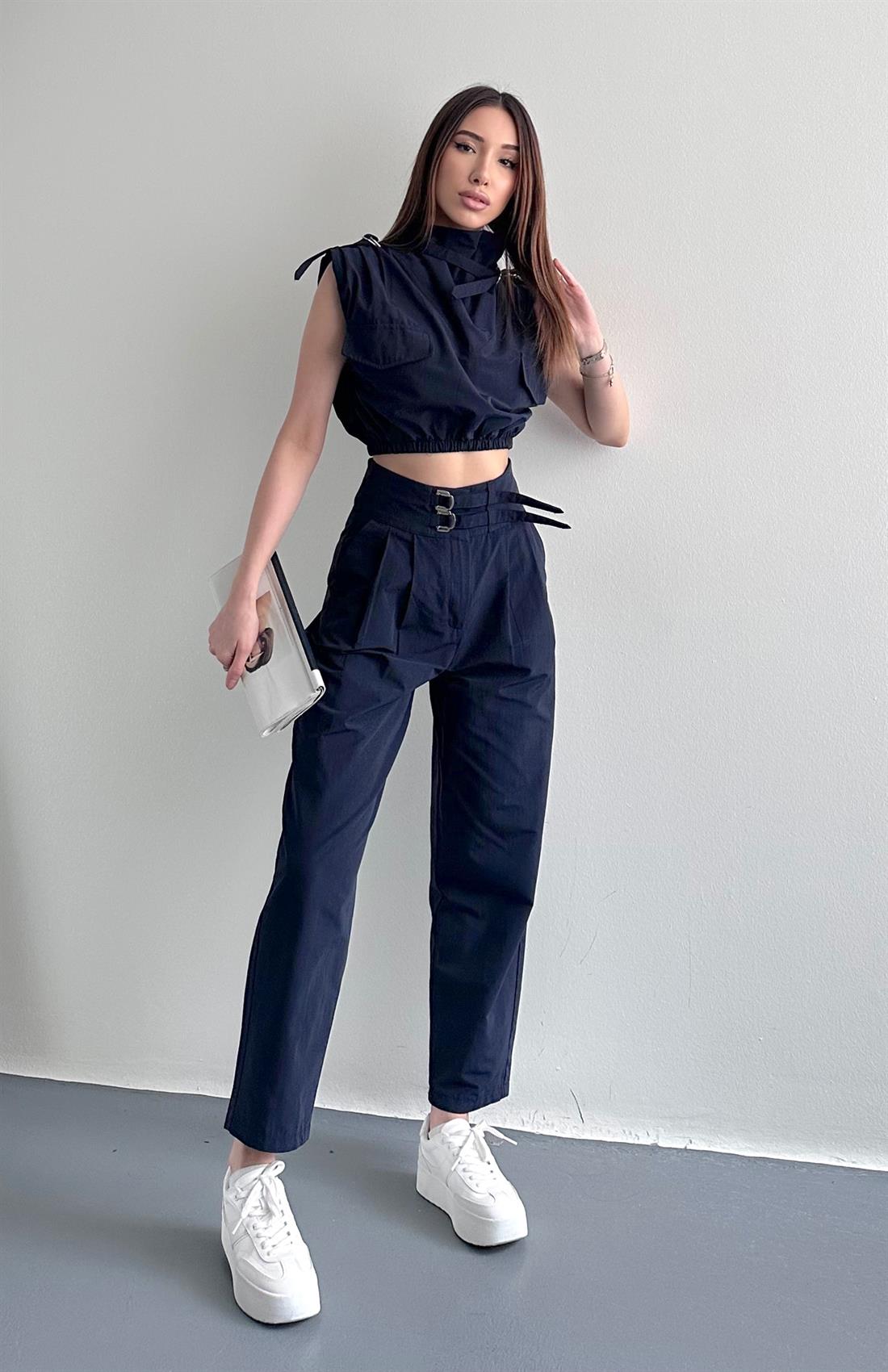 Toka Detaylı Crop Bluz LACİVERT