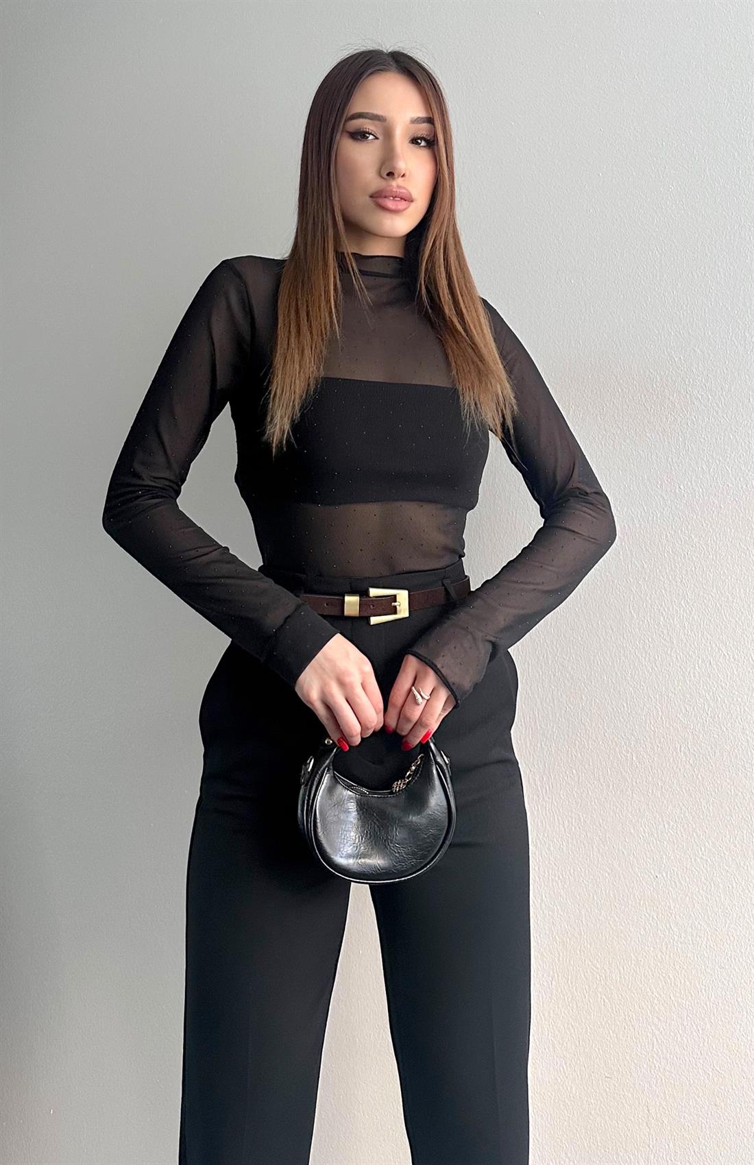 Transparan Taşlı Bluz SİYAH