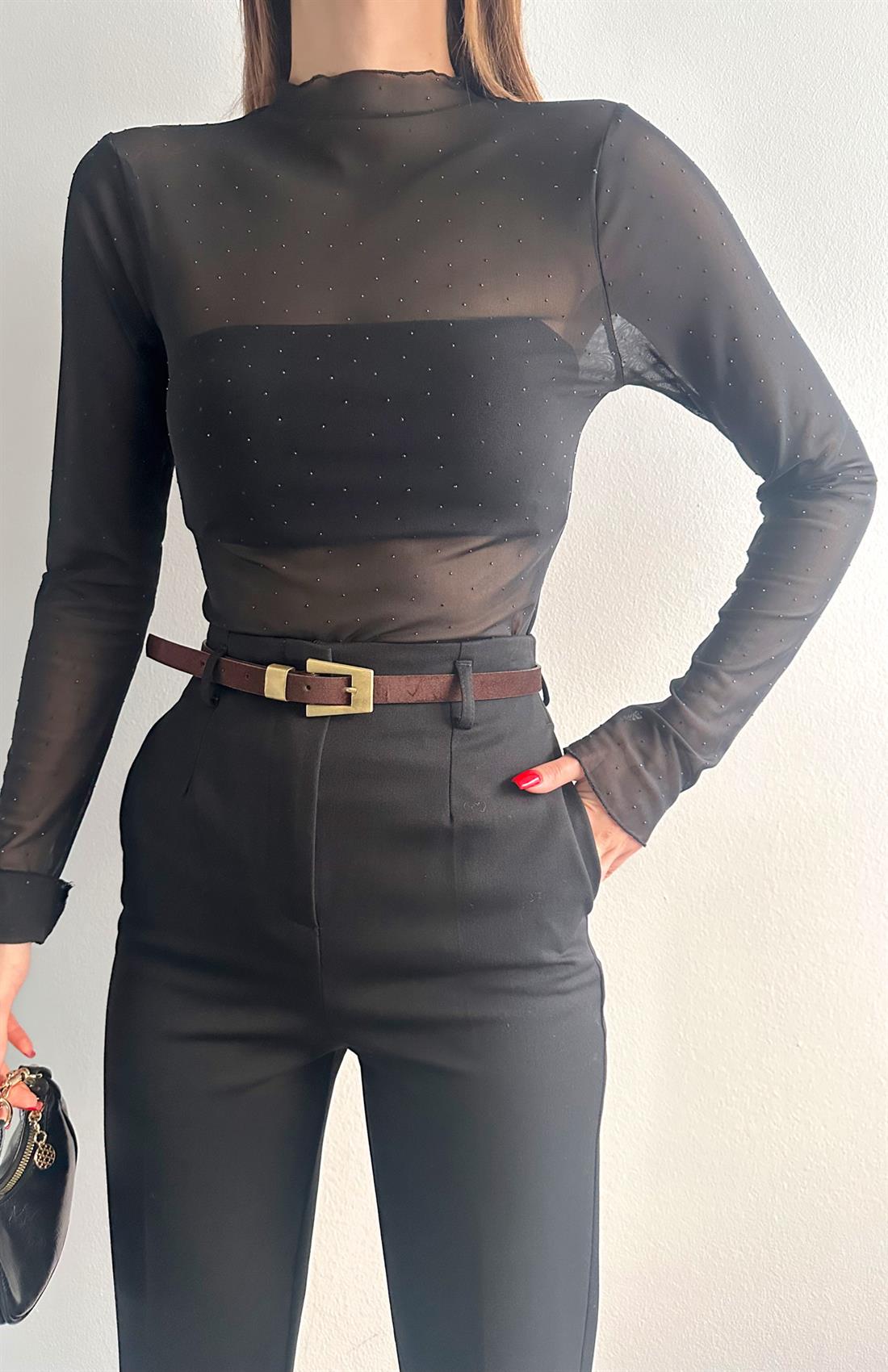 Transparan Taşlı Bluz SİYAH