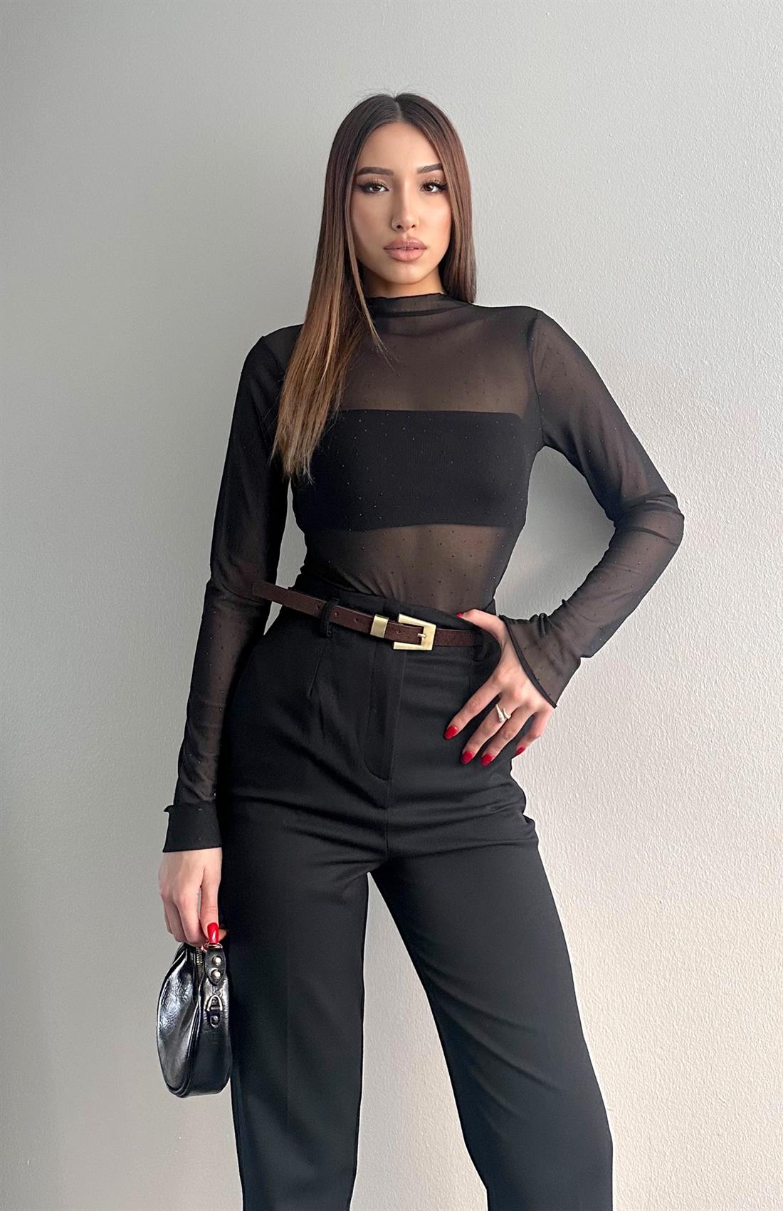 Transparan Taşlı Bluz SİYAH