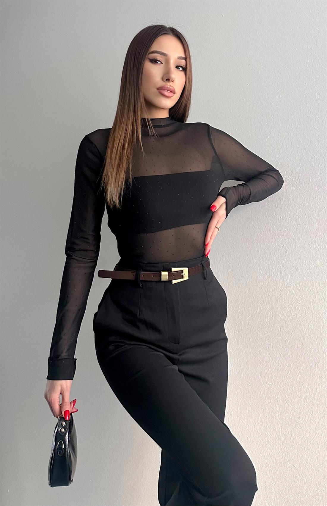 Transparan Taşlı Bluz SİYAH