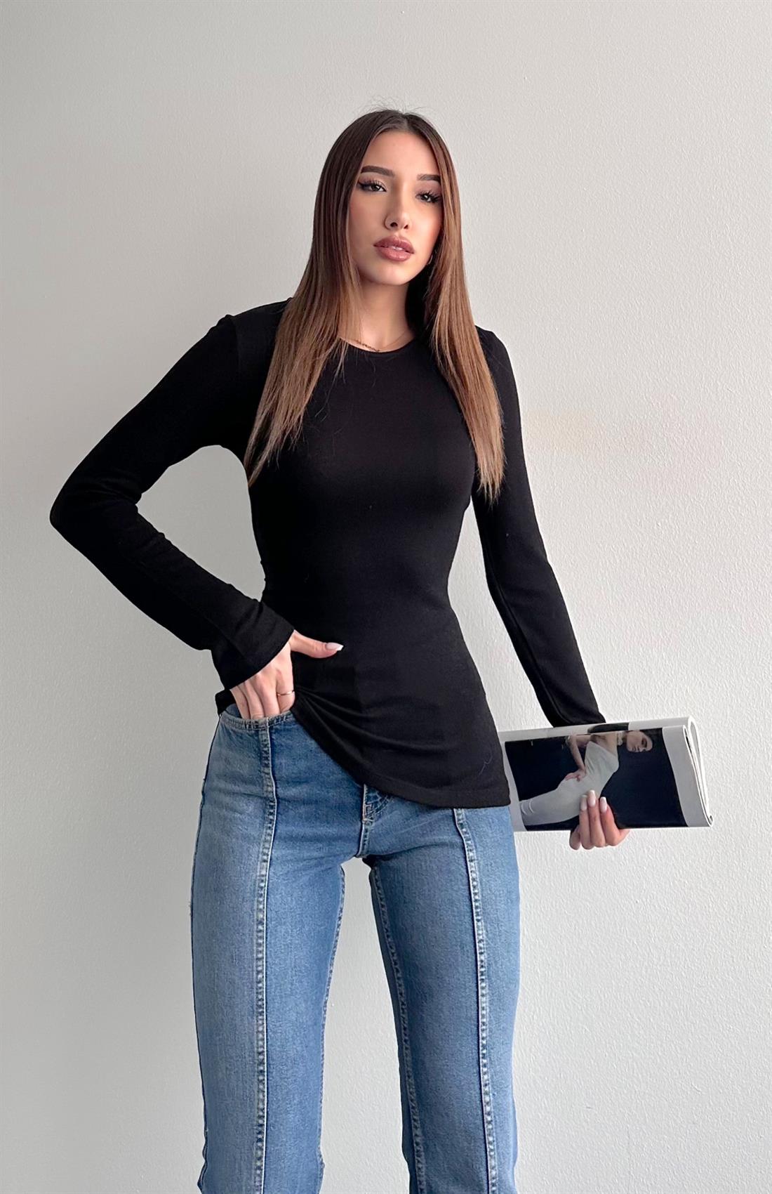 Uzun Kollu Büzgülü Bluz SİYAH