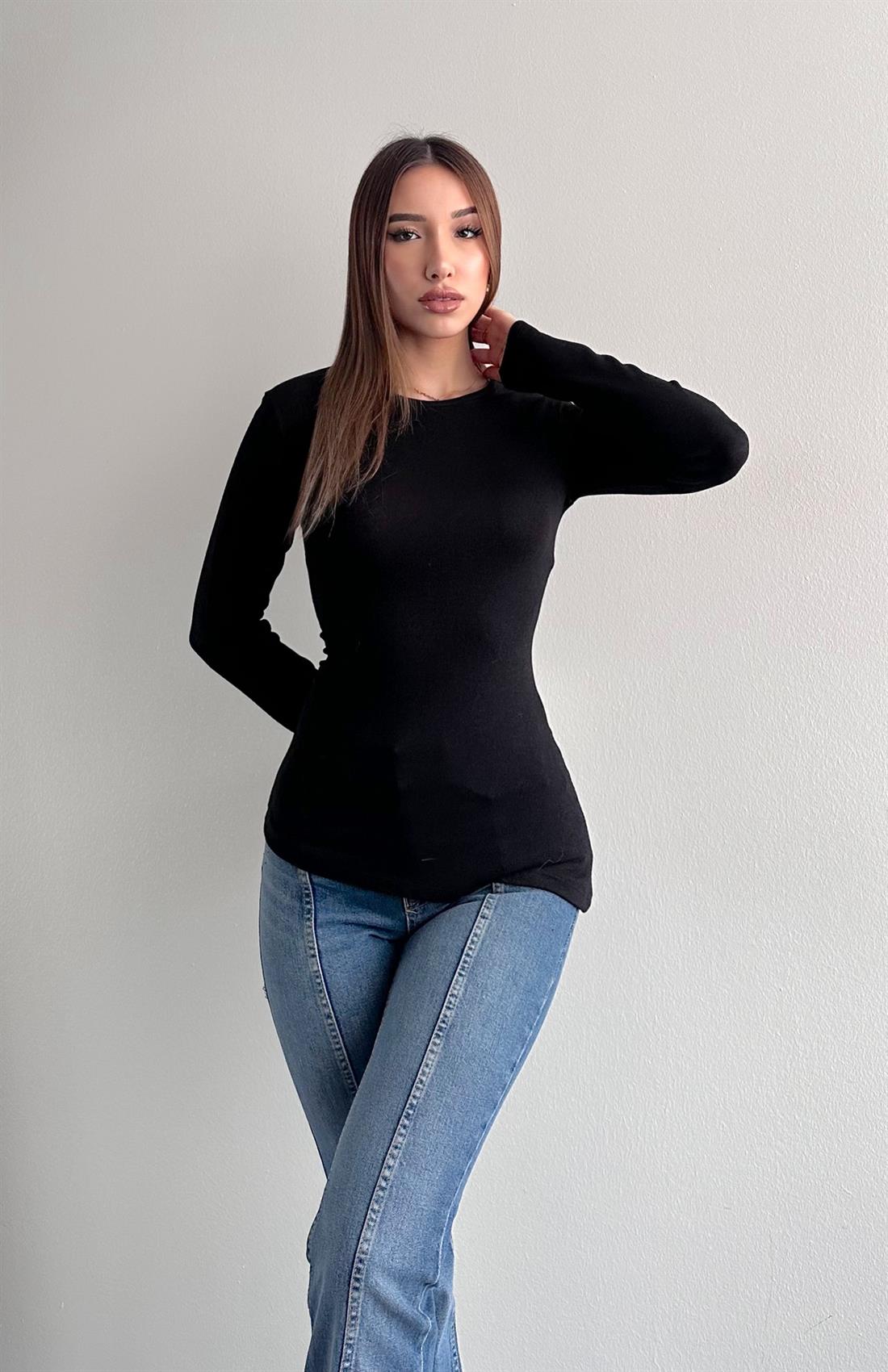 Uzun Kollu Büzgülü Bluz SİYAH