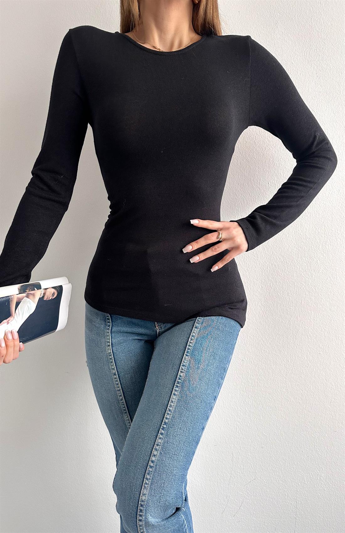 Uzun Kollu Büzgülü Bluz SİYAH