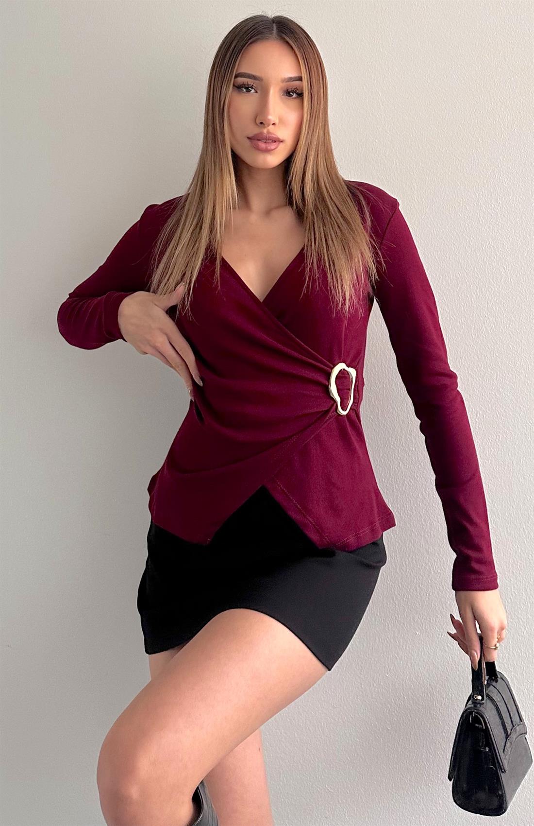 Uzun Kollu Tokalı Bluz BORDO