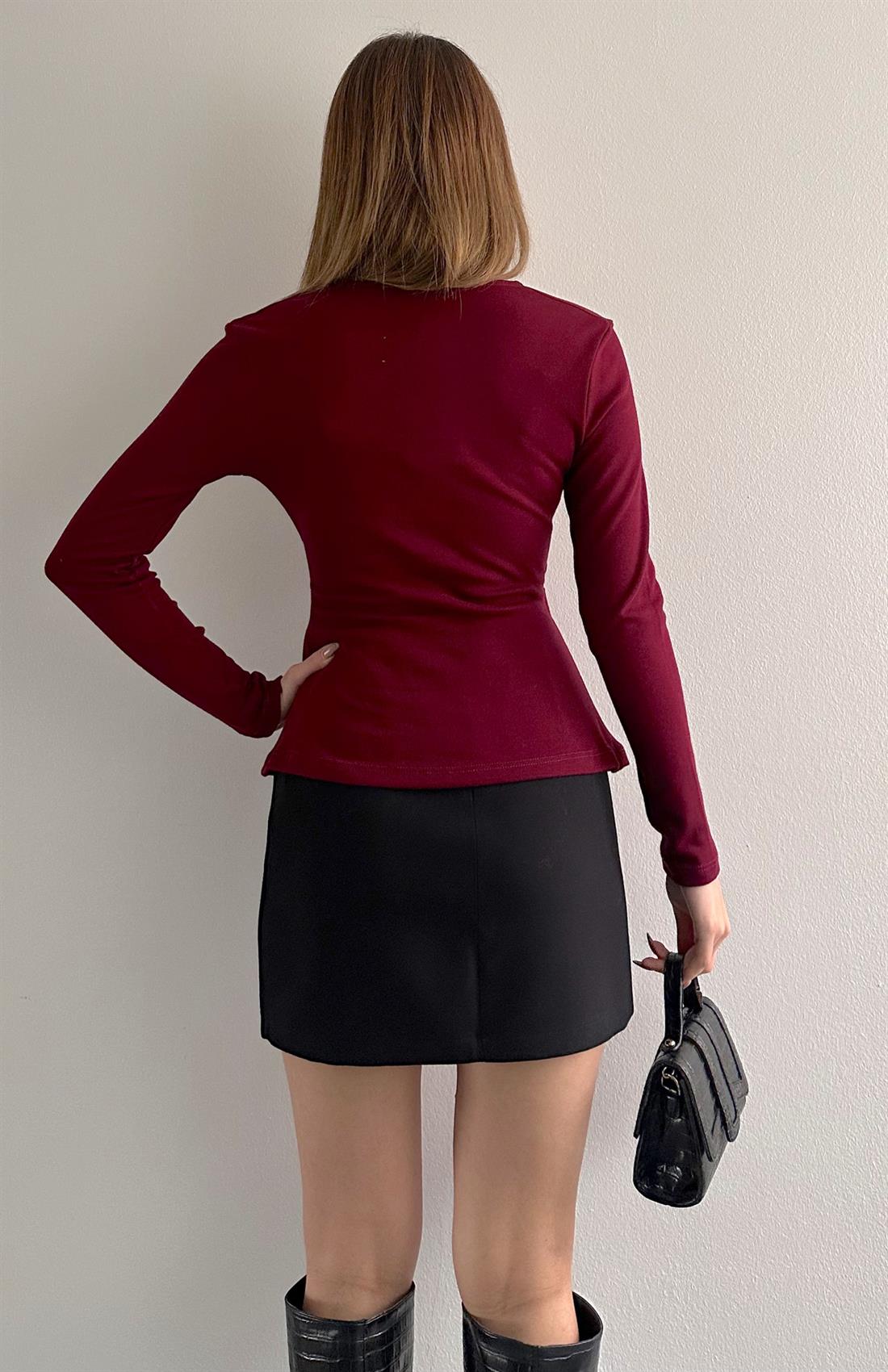 Uzun Kollu Tokalı Bluz BORDO
