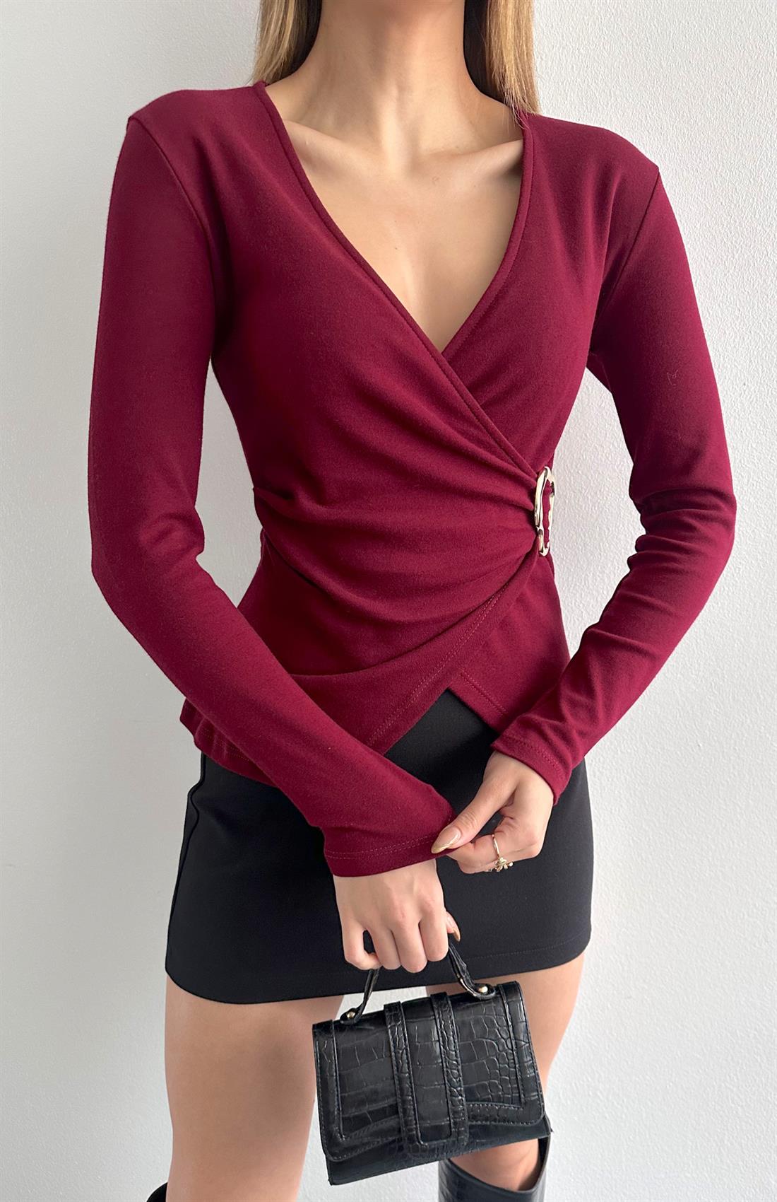 Uzun Kollu Tokalı Bluz BORDO