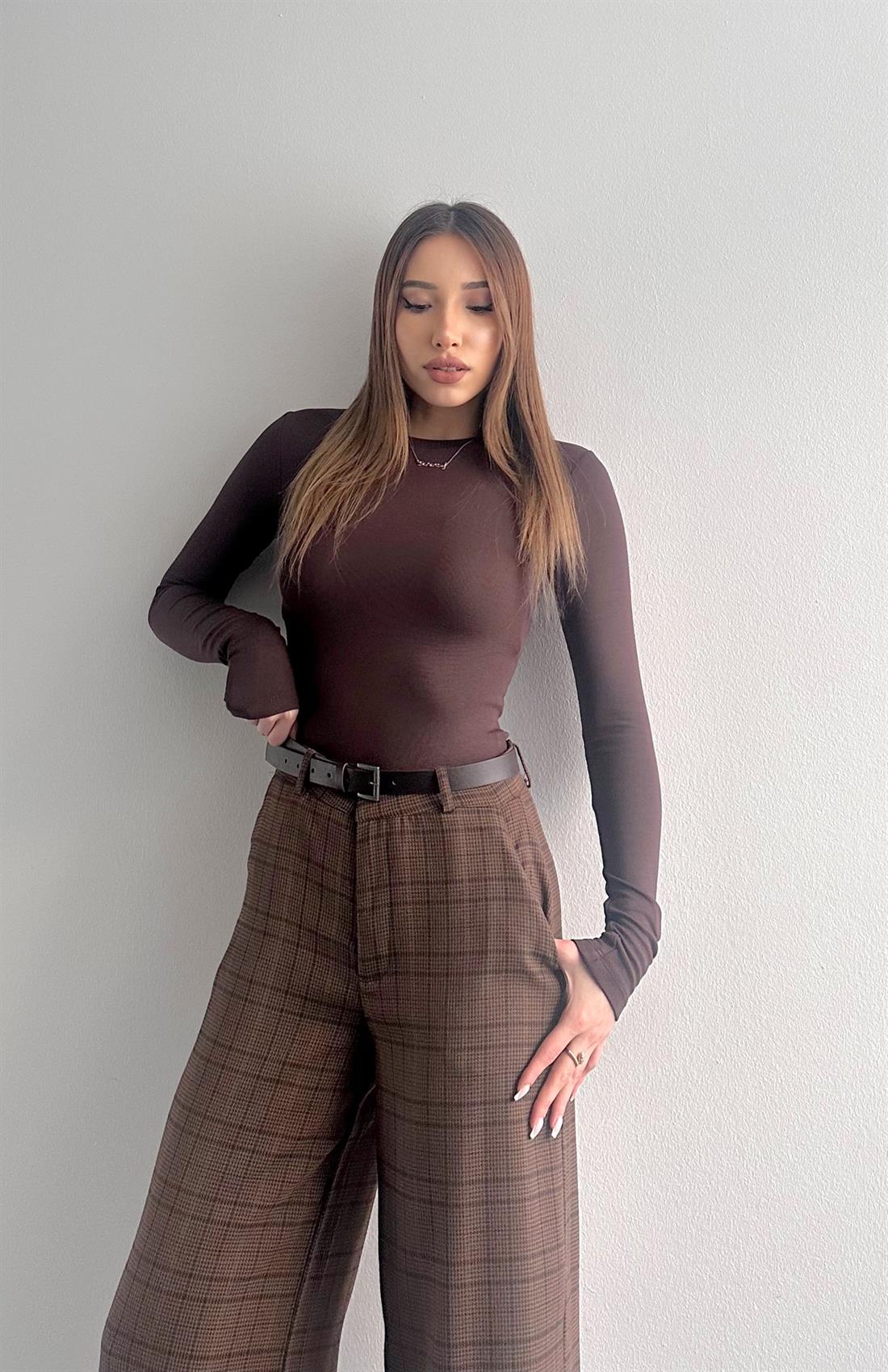 Uzun Kollu Zıbınlı Bluz KAHVERENGİ