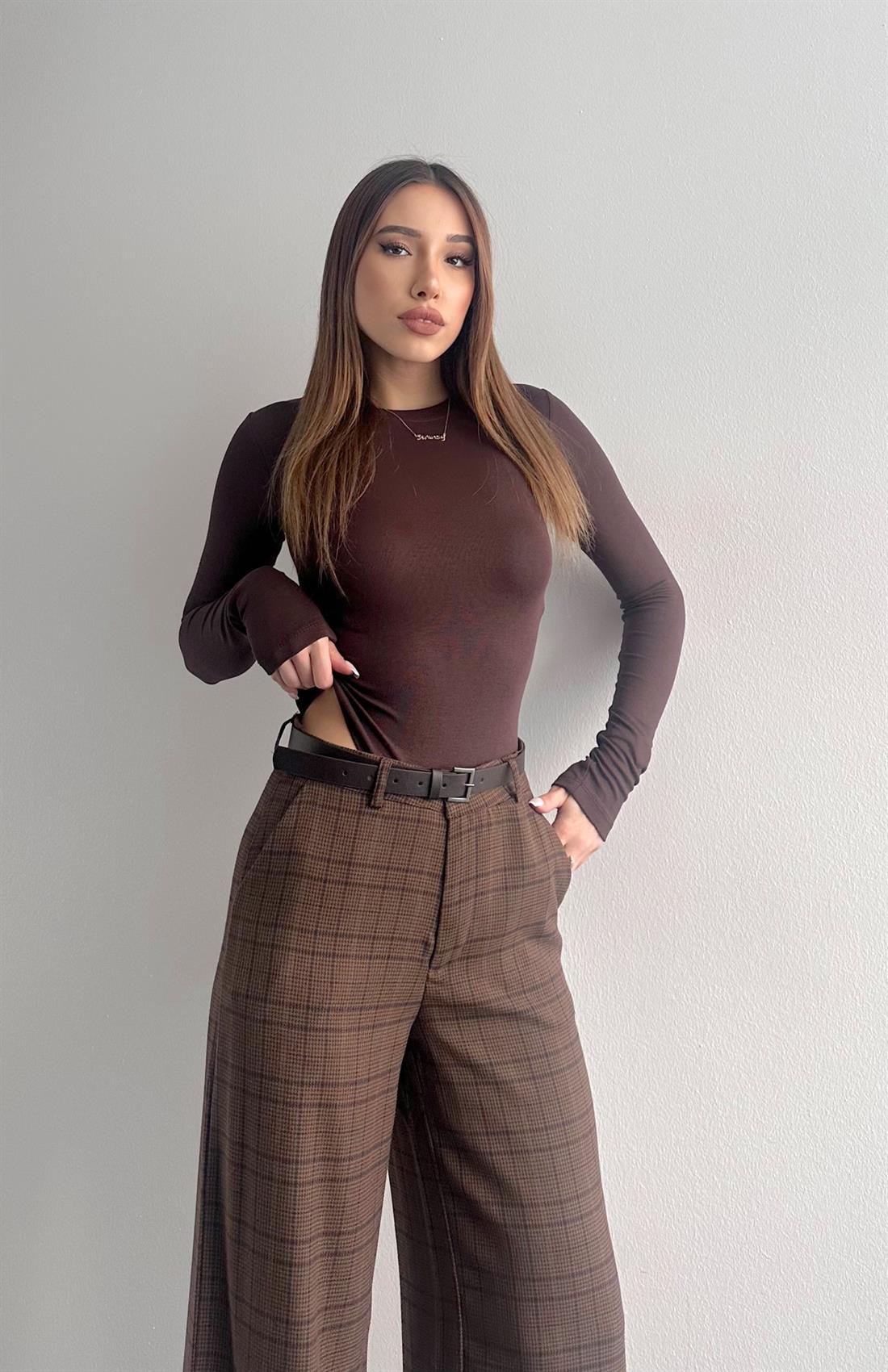 Uzun Kollu Zıbınlı Bluz KAHVERENGİ