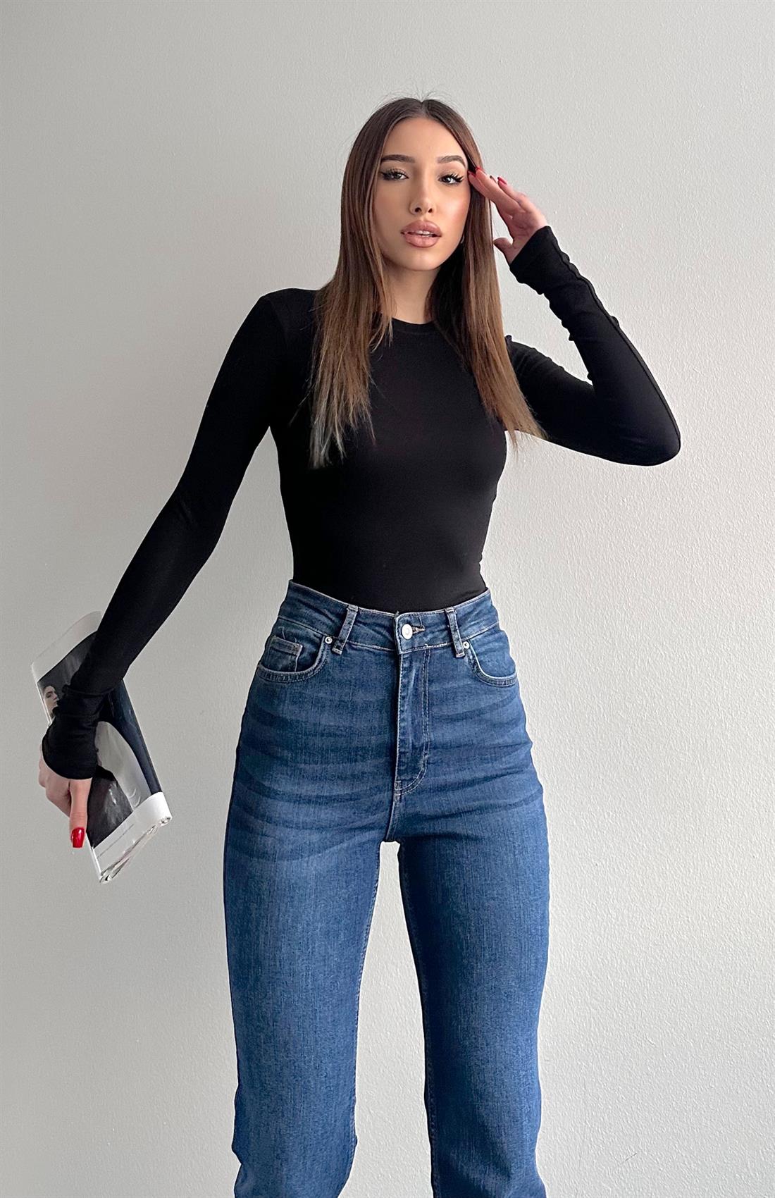 Uzun Kollu Zıbınlı Bluz SİYAH