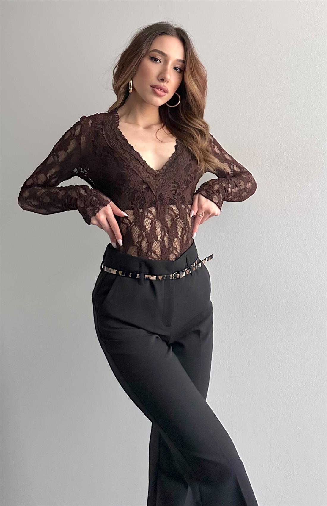 V Yaka Dantelli Bluz KAHVERENGİ