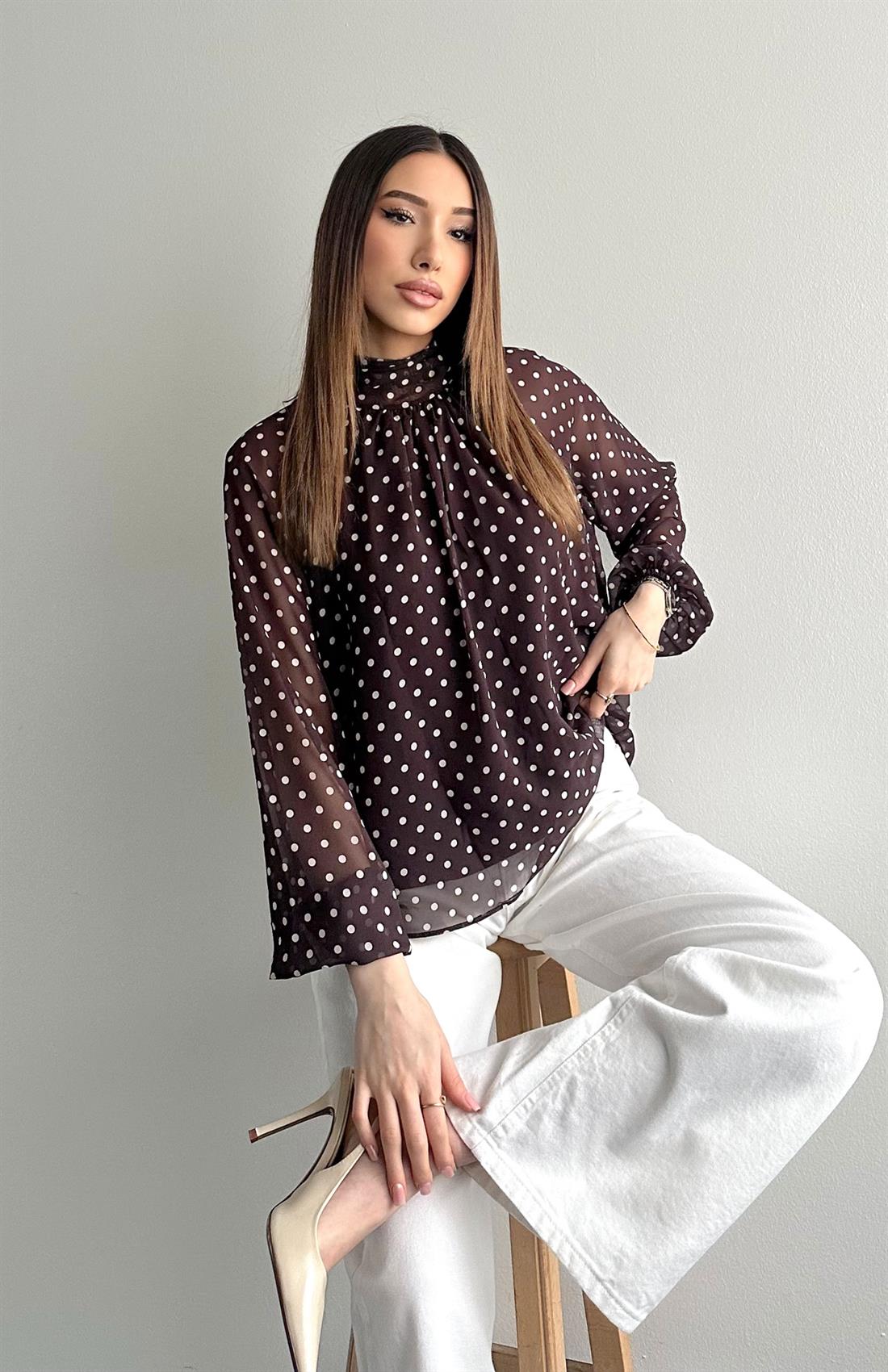 Yaka Bağcıklı Puantiyeli Bluz KAHVERENGİ